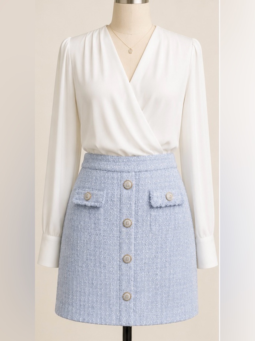 Karl Lagerfeld Light Blue Tweed Button-Front Above Knee Skirt